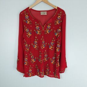 Embroidered Top Red M Long Sleeve Tunic Boho Beaded Floral Blouse Sheer Festival